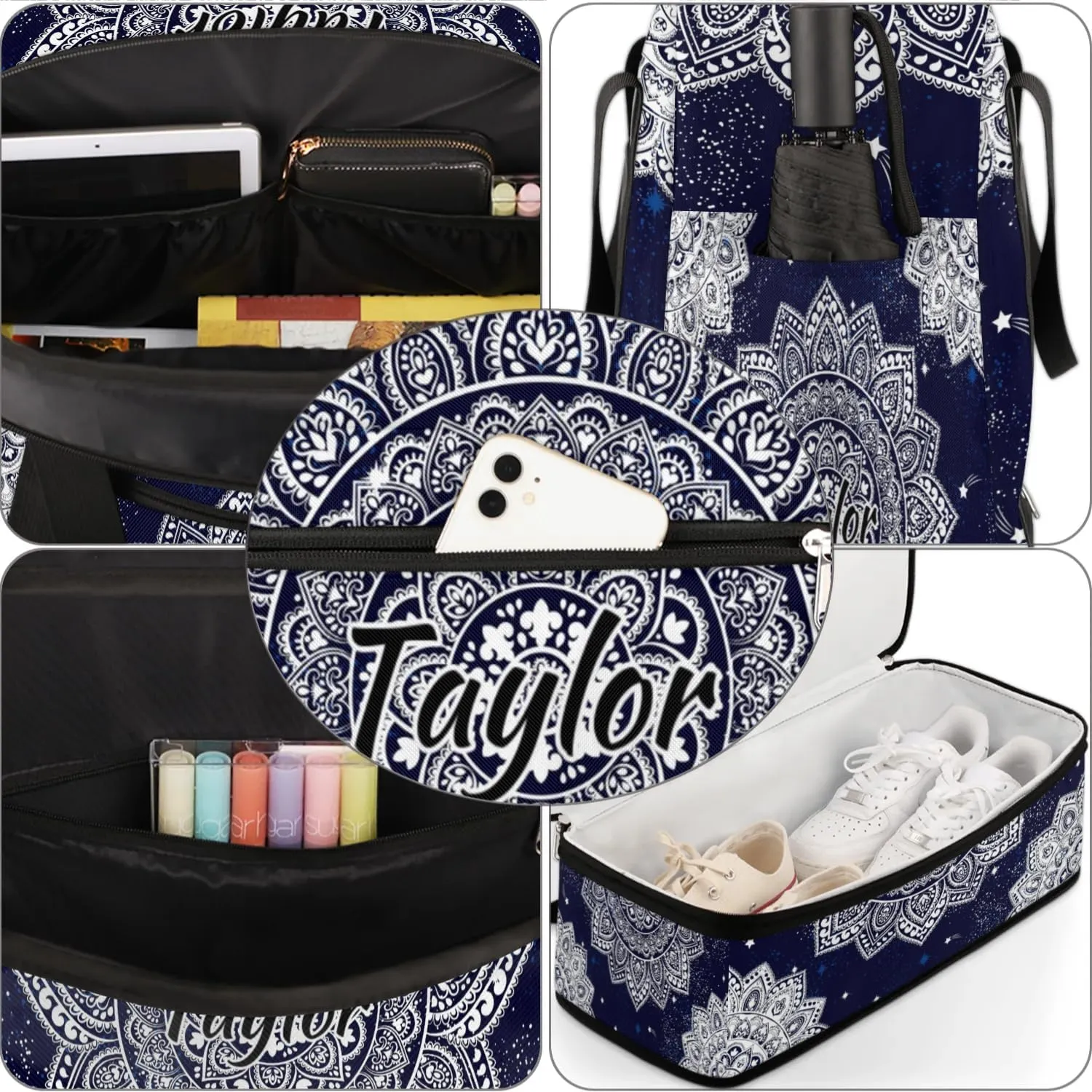 Customized Gym Bag for Women, Personalized Boho Mandala Travel Duffel Bag with Name, Mandala Flower Weekender Overnight Bag with Shoes Compartment for Men Travel Yoga