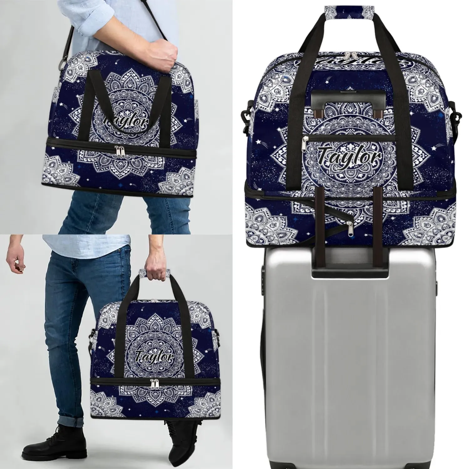 Customized Gym Bag for Women, Personalized Boho Mandala Travel Duffel Bag with Name, Mandala Flower Weekender Overnight Bag with Shoes Compartment for Men Travel Yoga