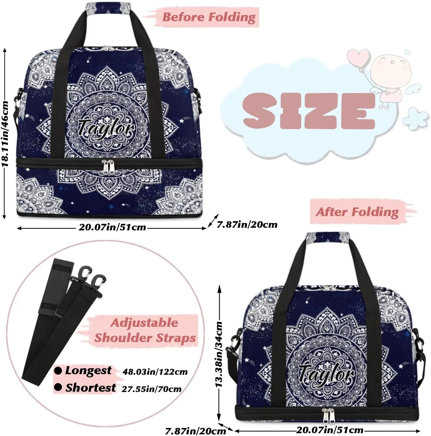 Customized Gym Bag for Women, Personalized Boho Mandala Travel Duffel Bag with Name, Mandala Flower Weekender Overnight Bag with Shoes Compartment for Men Travel Yoga