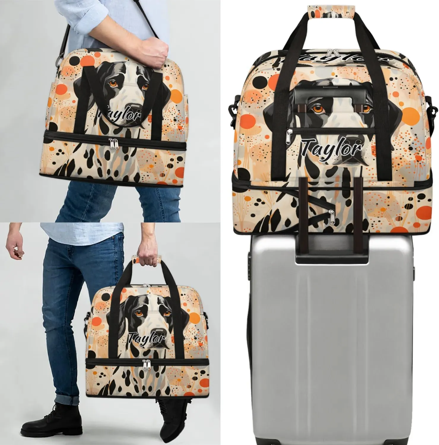 Customized Gym Bag for Women, Personalized Dalmatian Dog Travel Duffel Bag with Name, Polka Dot Dog Weekender Overnight Bag with Shoes Compartment for Men Travel Yoga