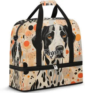 Customized Gym Bag for Women, Personalized Dalmatian Dog Travel Duffel Bag with Name, Polka Dot Dog Weekender Overnight Bag with Shoes Compartment for Men Travel Yoga
