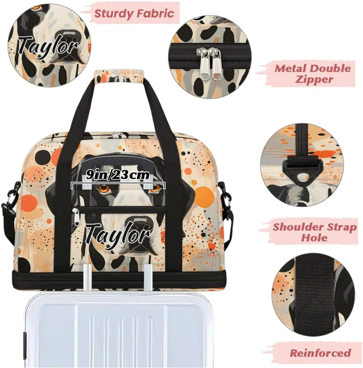 Customized Gym Bag for Women, Personalized Dalmatian Dog Travel Duffel Bag with Name, Polka Dot Dog Weekender Overnight Bag with Shoes Compartment for Men Travel Yoga