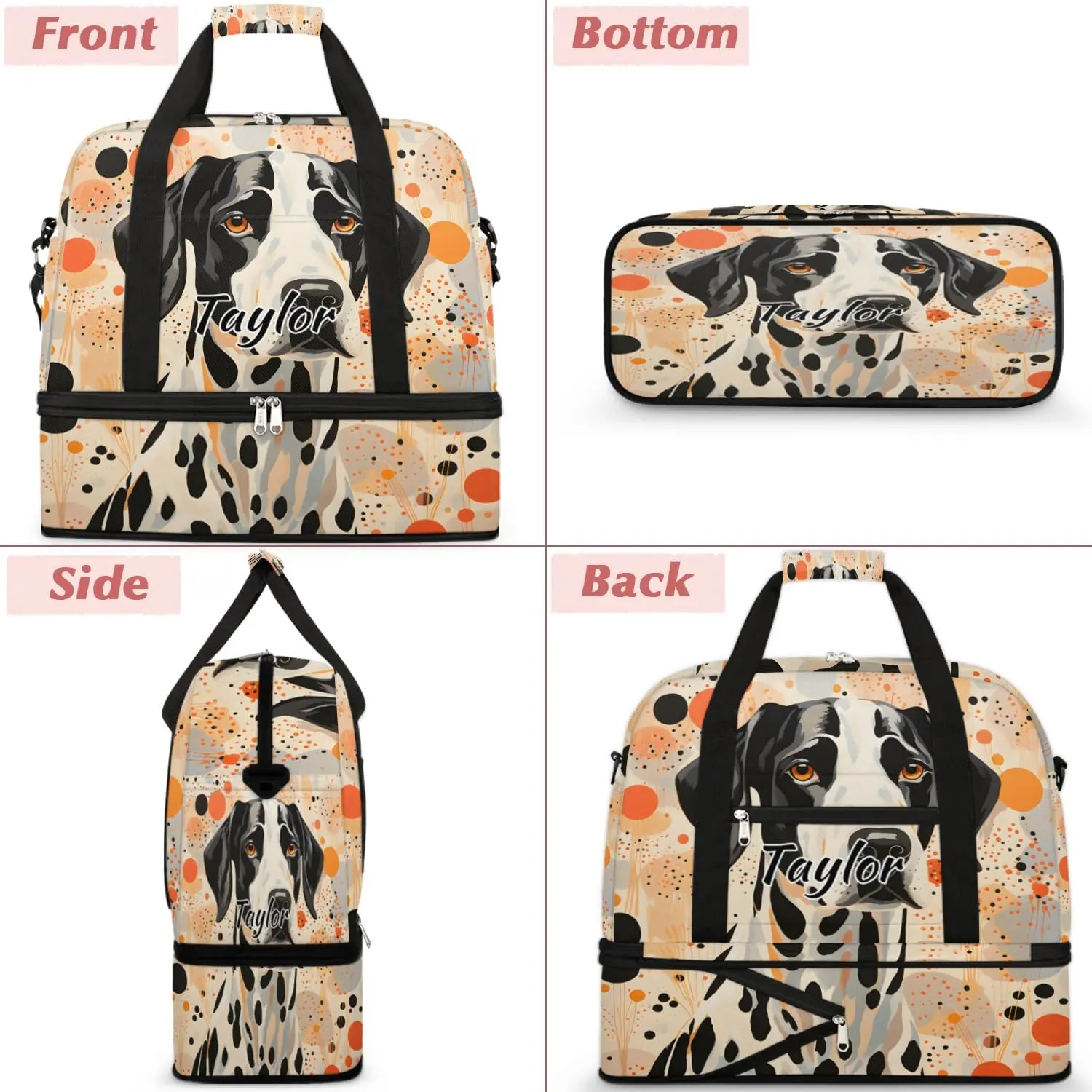 Customized Gym Bag for Women, Personalized Dalmatian Dog Travel Duffel Bag with Name, Polka Dot Dog Weekender Overnight Bag with Shoes Compartment for Men Travel Yoga