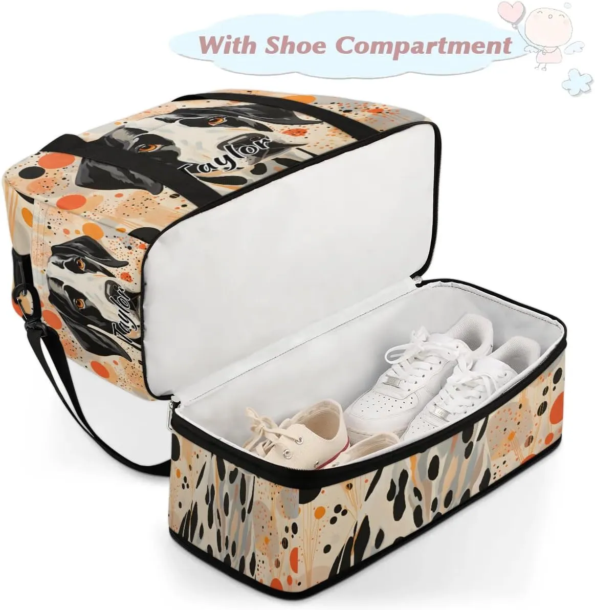 Customized Gym Bag for Women, Personalized Dalmatian Dog Travel Duffel Bag with Name, Polka Dot Dog Weekender Overnight Bag with Shoes Compartment for Men Travel Yoga