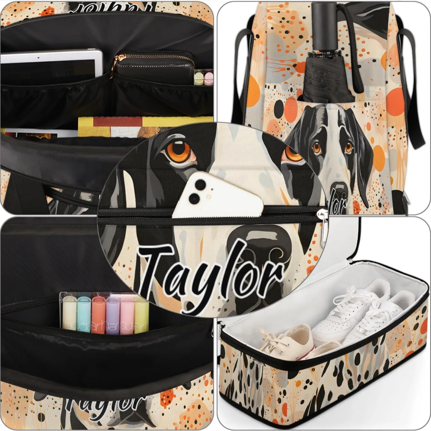 Customized Gym Bag for Women, Personalized Dalmatian Dog Travel Duffel Bag with Name, Polka Dot Dog Weekender Overnight Bag with Shoes Compartment for Men Travel Yoga