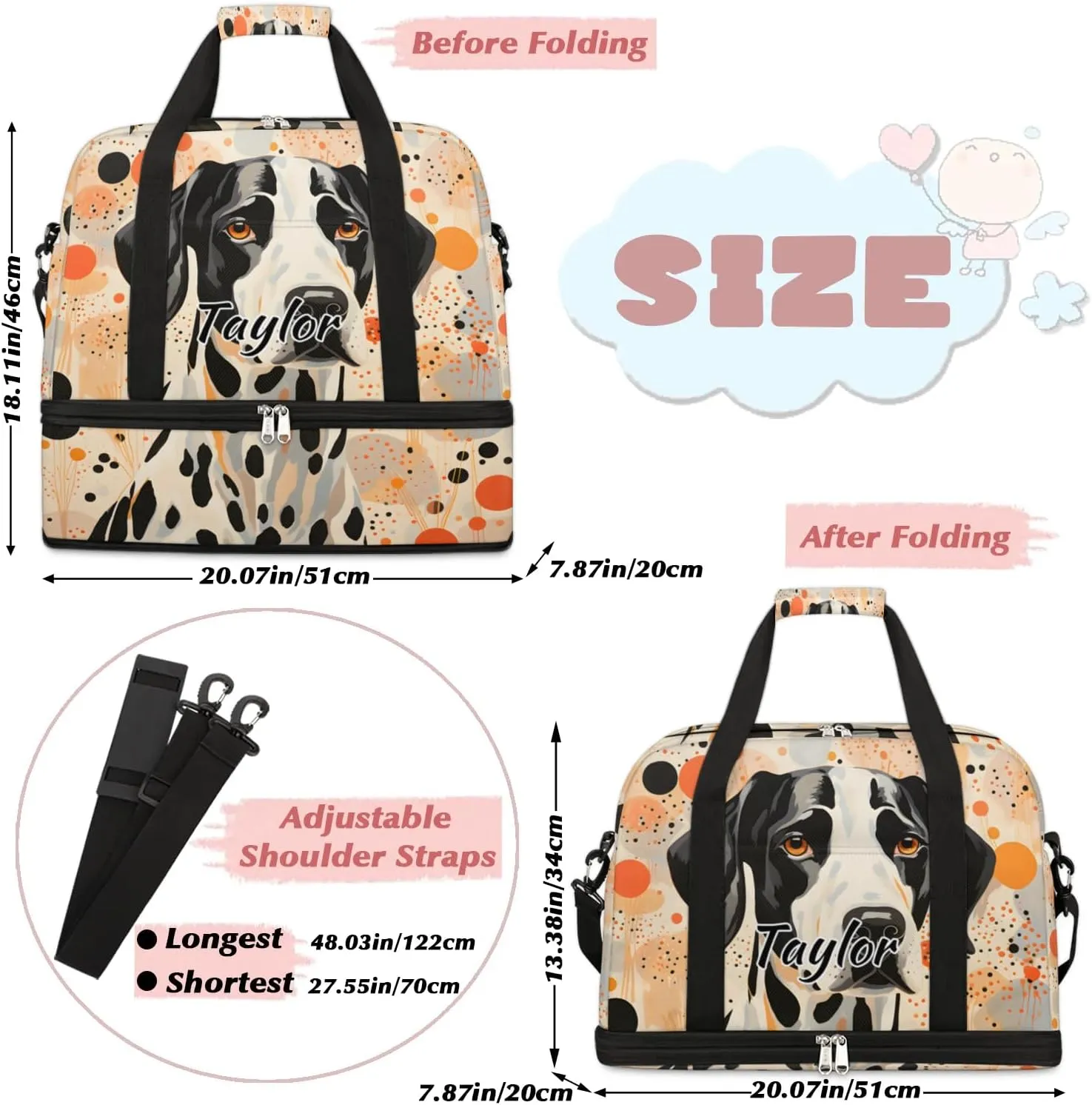 Customized Gym Bag for Women, Personalized Dalmatian Dog Travel Duffel Bag with Name, Polka Dot Dog Weekender Overnight Bag with Shoes Compartment for Men Travel Yoga
