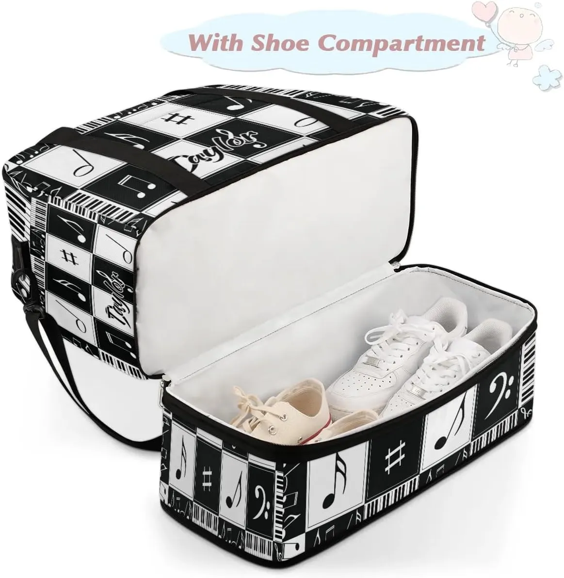 Customized Gym Bag for Women, Personalized Music Notes Travel Duffel Bag with Name, Music Theme Weekender Overnight Bag with Shoes Compartment for Men Travel Yoga
