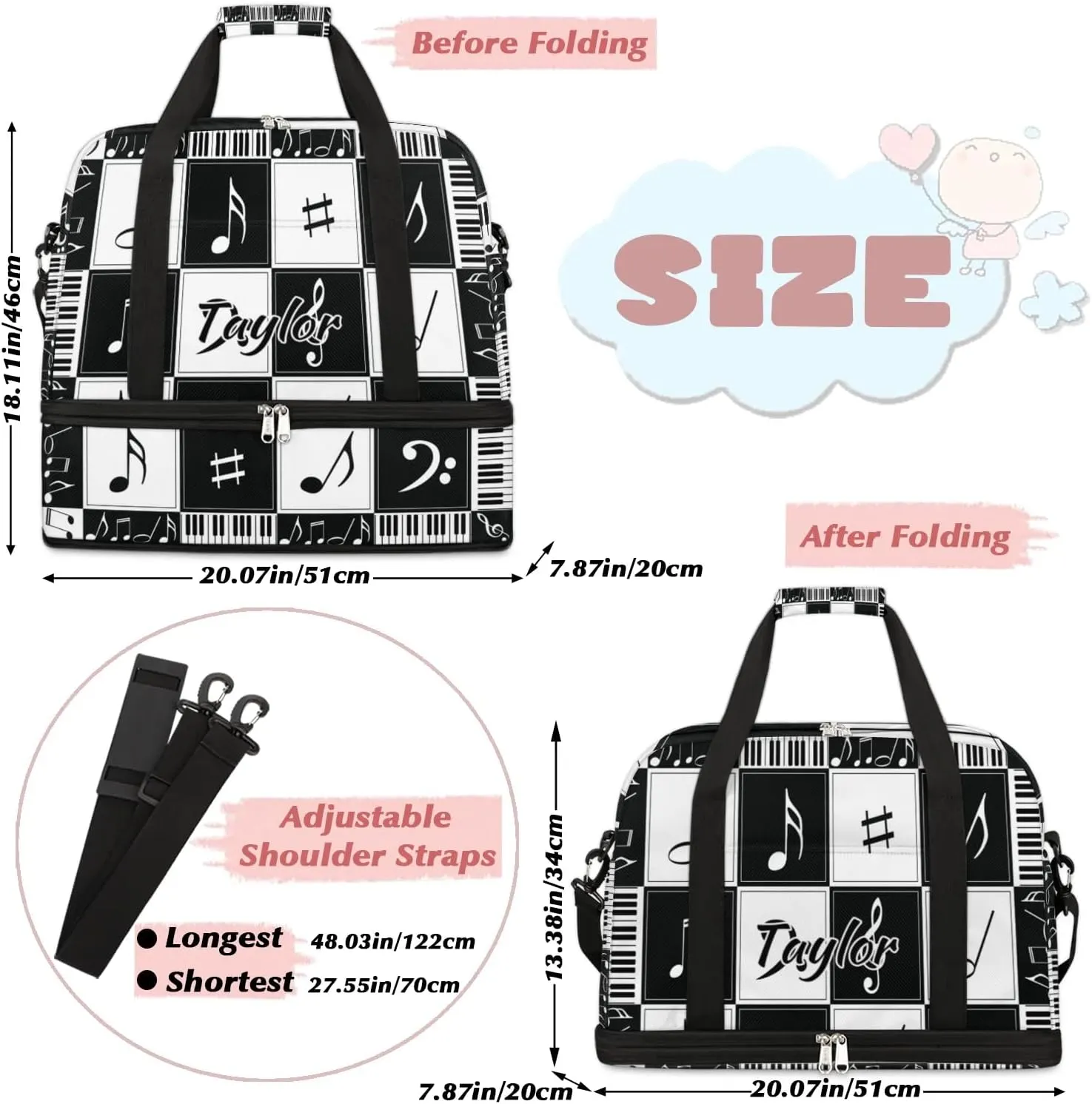 Customized Gym Bag for Women, Personalized Music Notes Travel Duffel Bag with Name, Music Theme Weekender Overnight Bag with Shoes Compartment for Men Travel Yoga