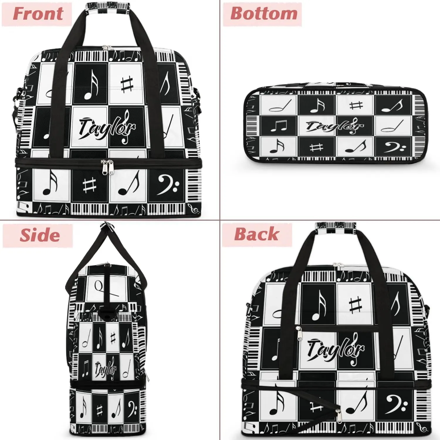 Customized Gym Bag for Women, Personalized Music Notes Travel Duffel Bag with Name, Music Theme Weekender Overnight Bag with Shoes Compartment for Men Travel Yoga
