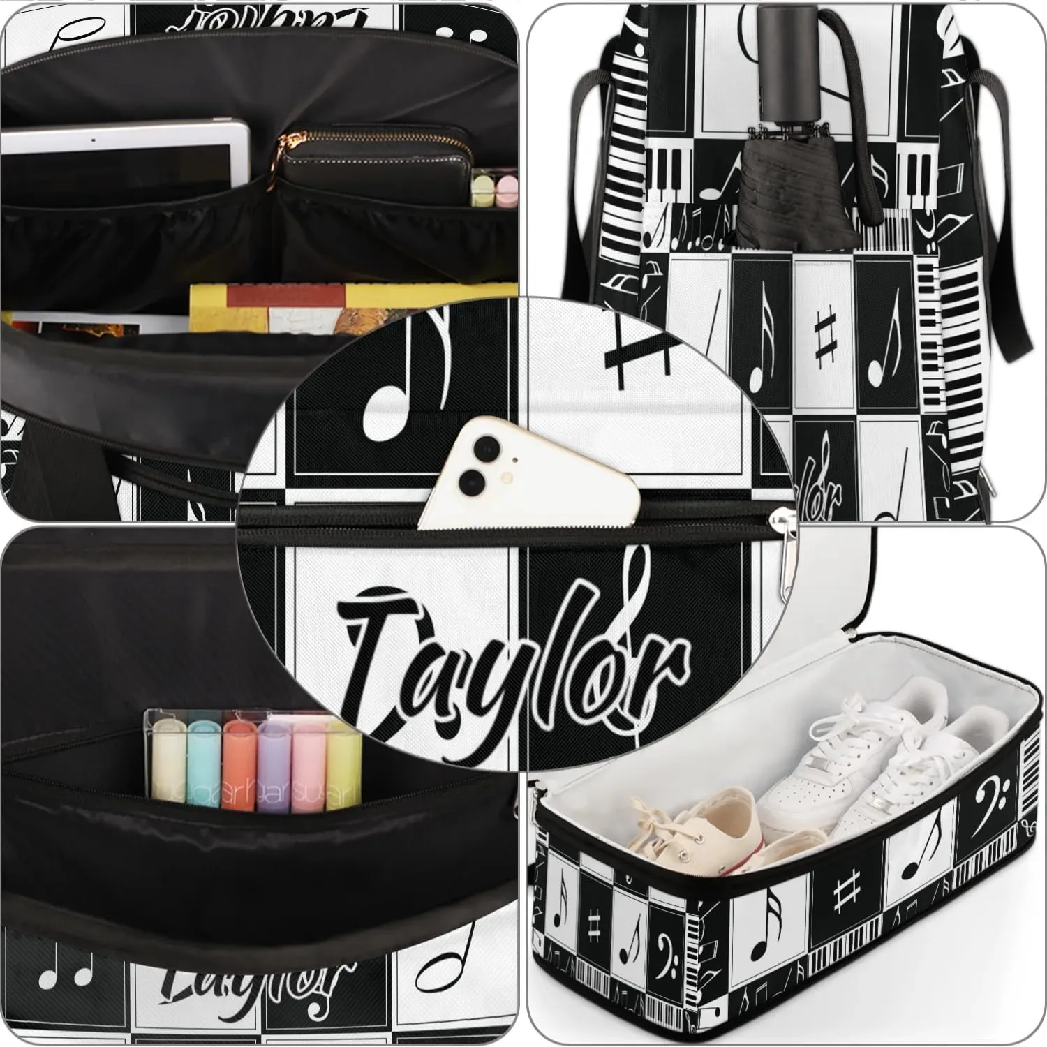 Customized Gym Bag for Women, Personalized Music Notes Travel Duffel Bag with Name, Music Theme Weekender Overnight Bag with Shoes Compartment for Men Travel Yoga
