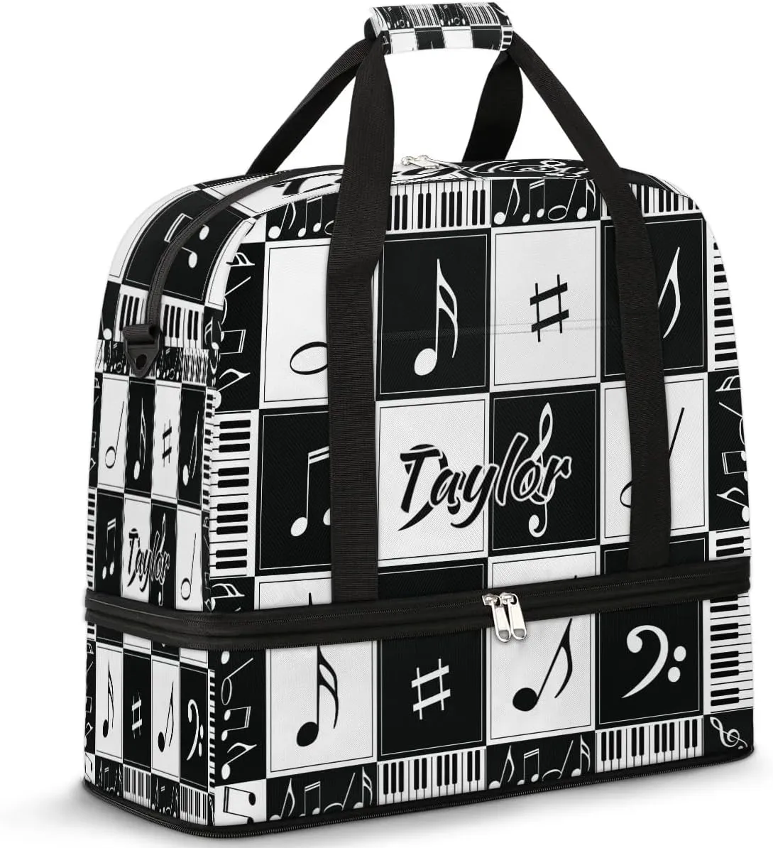 Customized Gym Bag for Women, Personalized Music Notes Travel Duffel Bag with Name, Music Theme Weekender Overnight Bag with Shoes Compartment for Men Travel Yoga