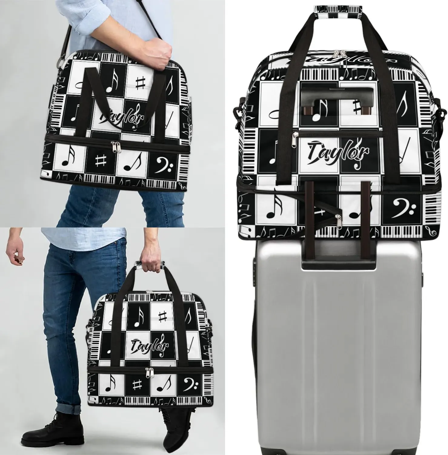 Customized Gym Bag for Women, Personalized Music Notes Travel Duffel Bag with Name, Music Theme Weekender Overnight Bag with Shoes Compartment for Men Travel Yoga