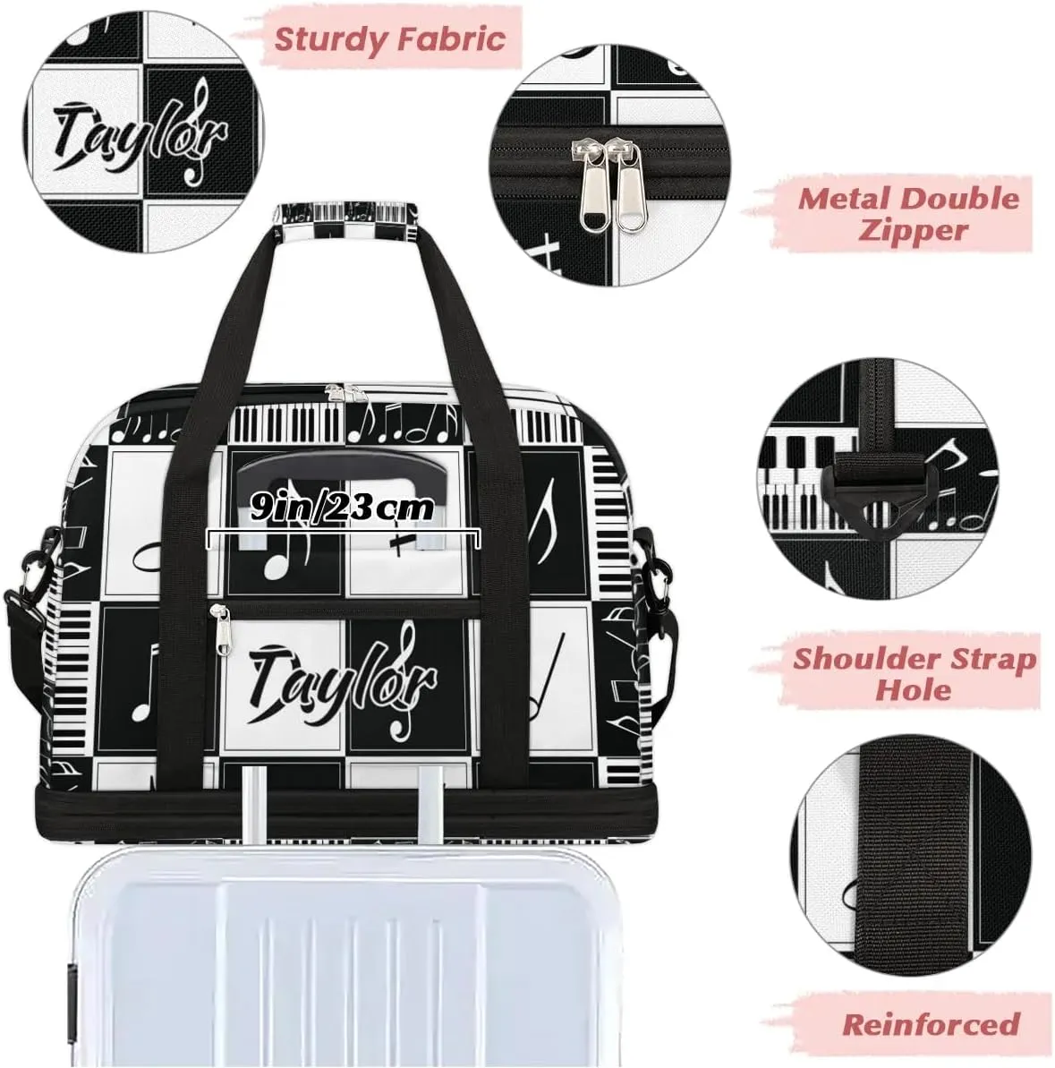 Customized Gym Bag for Women, Personalized Music Notes Travel Duffel Bag with Name, Music Theme Weekender Overnight Bag with Shoes Compartment for Men Travel Yoga