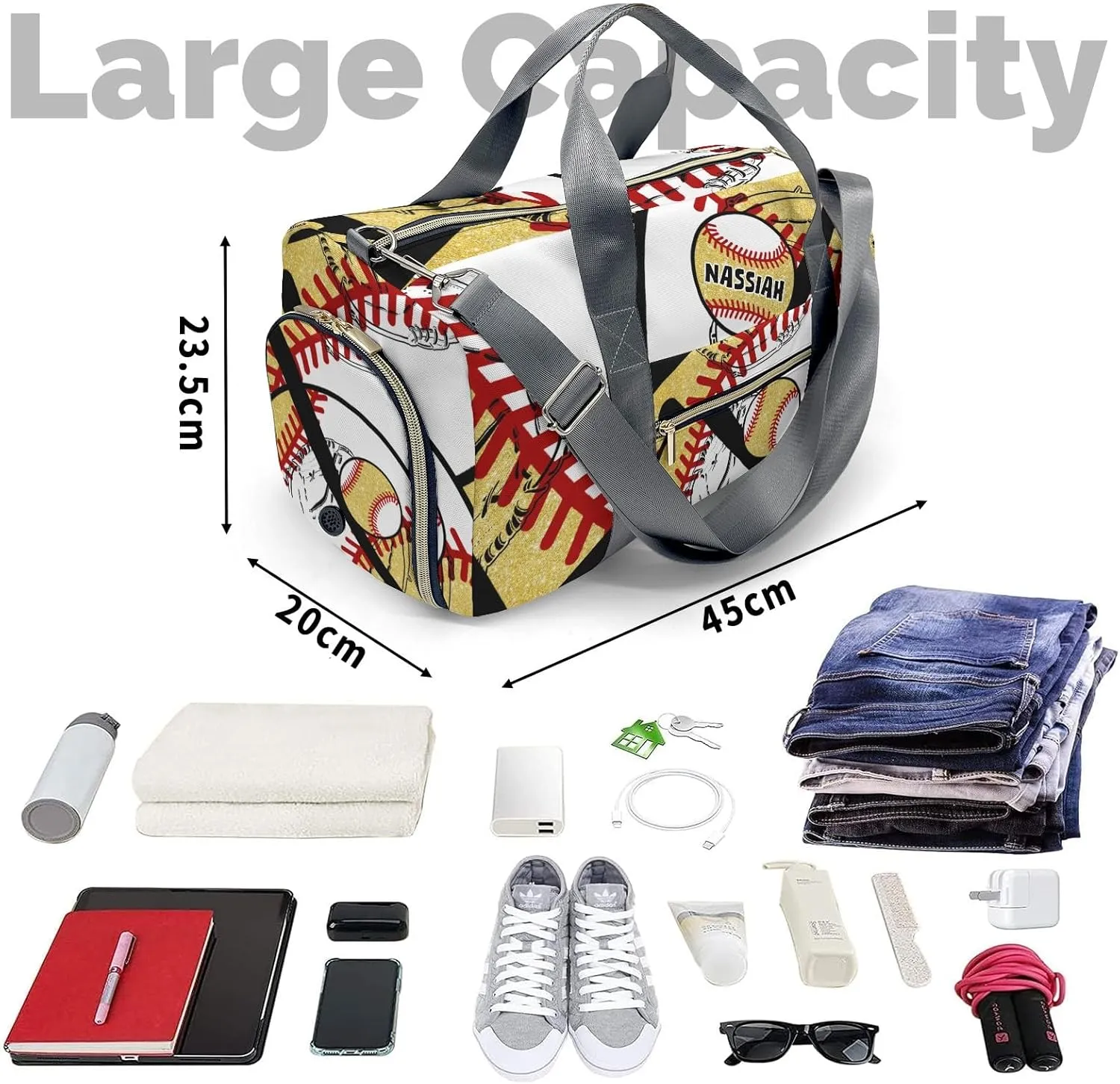 Custon Name Baseball Team Player Yellow Gym Sport Yoga Duffel Bag Sport Player Travel Bag,Sport Gym Bag Personalized Gift for Travel Carry on Bag