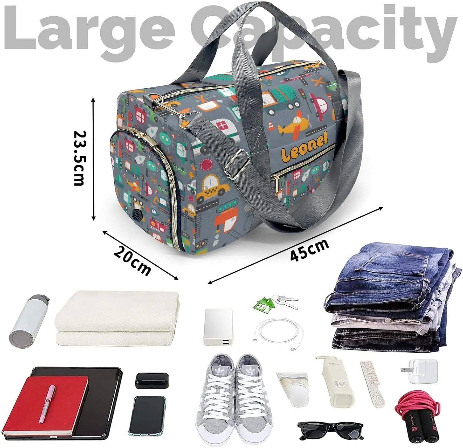 Custon Name Cars Trucks Vehicles Pattern Gym Sport Duffel Bag Sport Player Travel Bag,Sport Gym Bag Personalized Gift for Travel Hand Bag Carry on Bag