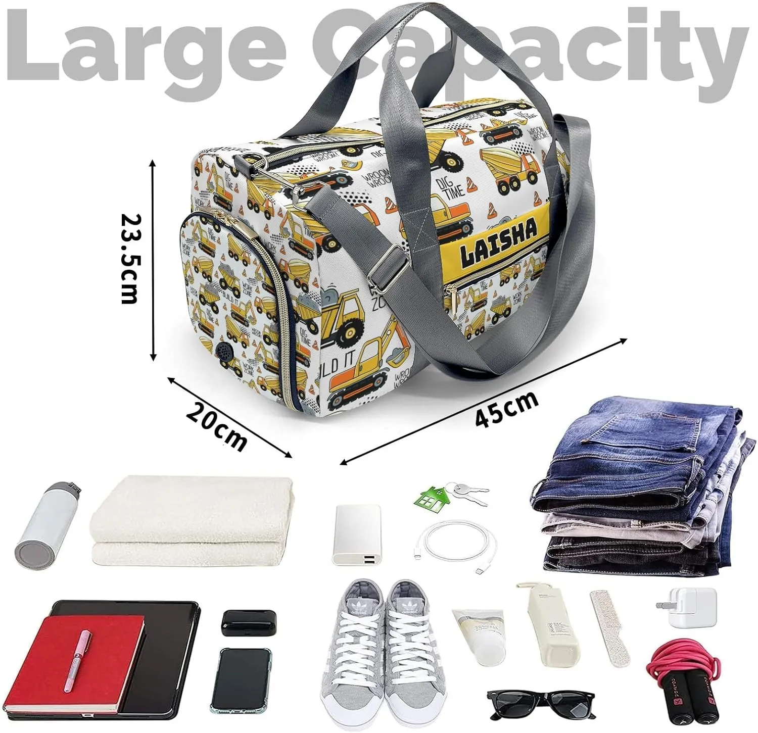 Custon Name Construction Machines Gym Sport Yoga Duffel Bag Sport Player Travel Bag,Sport Gym Bag Personalized Gift for Travel Hand Bag Carry on Bag