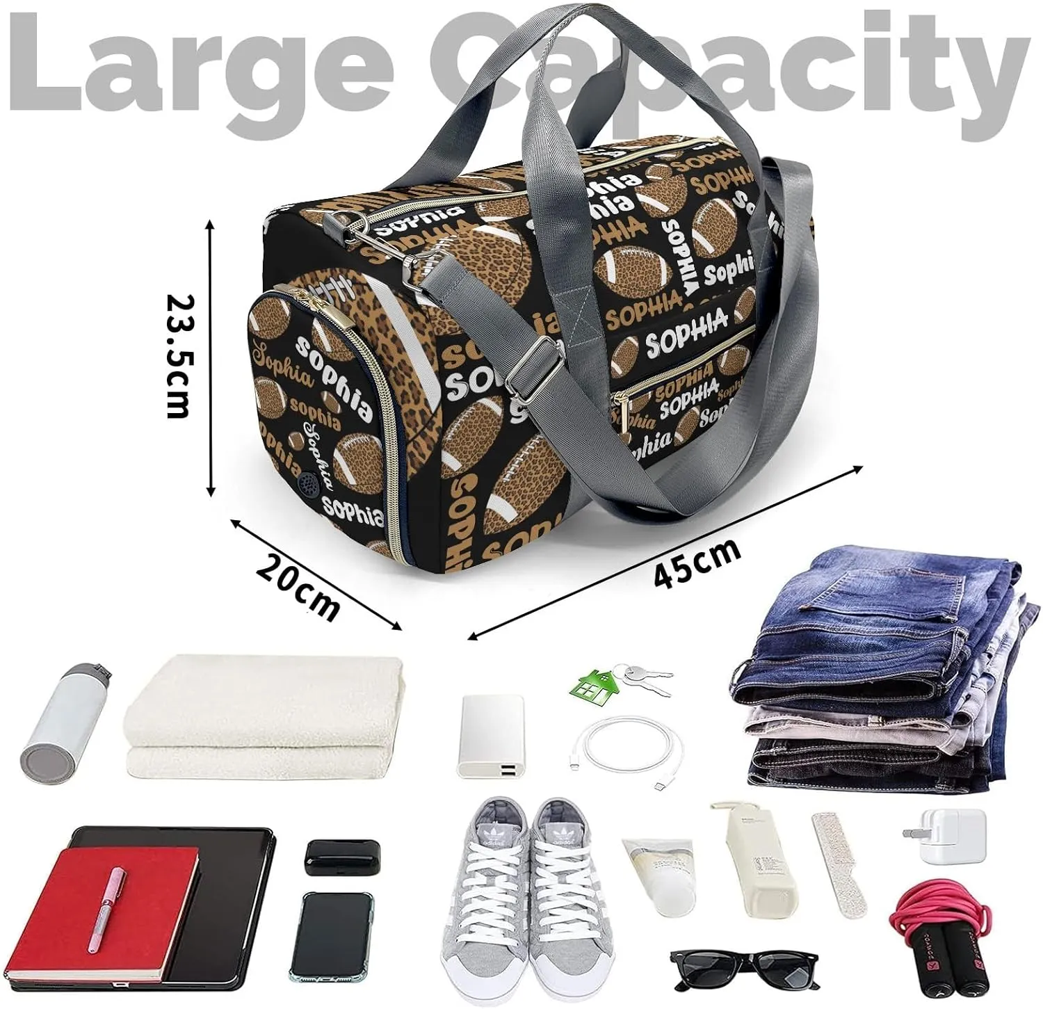 Custon Name Football Leopard Text Black Gym Sport Duffel Bag Sport Player Travel Bag,Sport Gym Bag Personalized Gift for Travel Hand Bag Carry on Bag