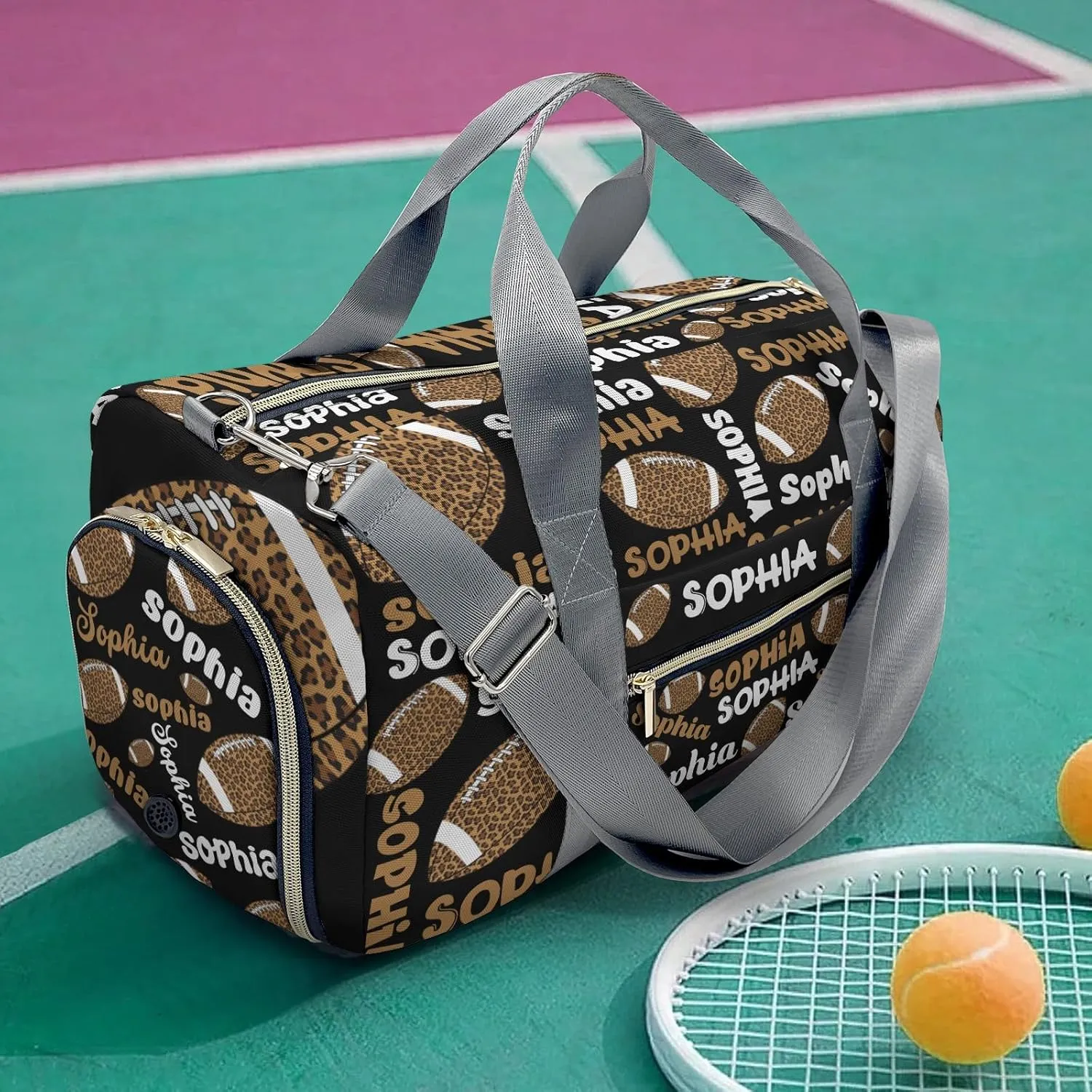 Custon Name Football Leopard Text Black Gym Sport Duffel Bag Sport Player Travel Bag,Sport Gym Bag Personalized Gift for Travel Hand Bag Carry on Bag