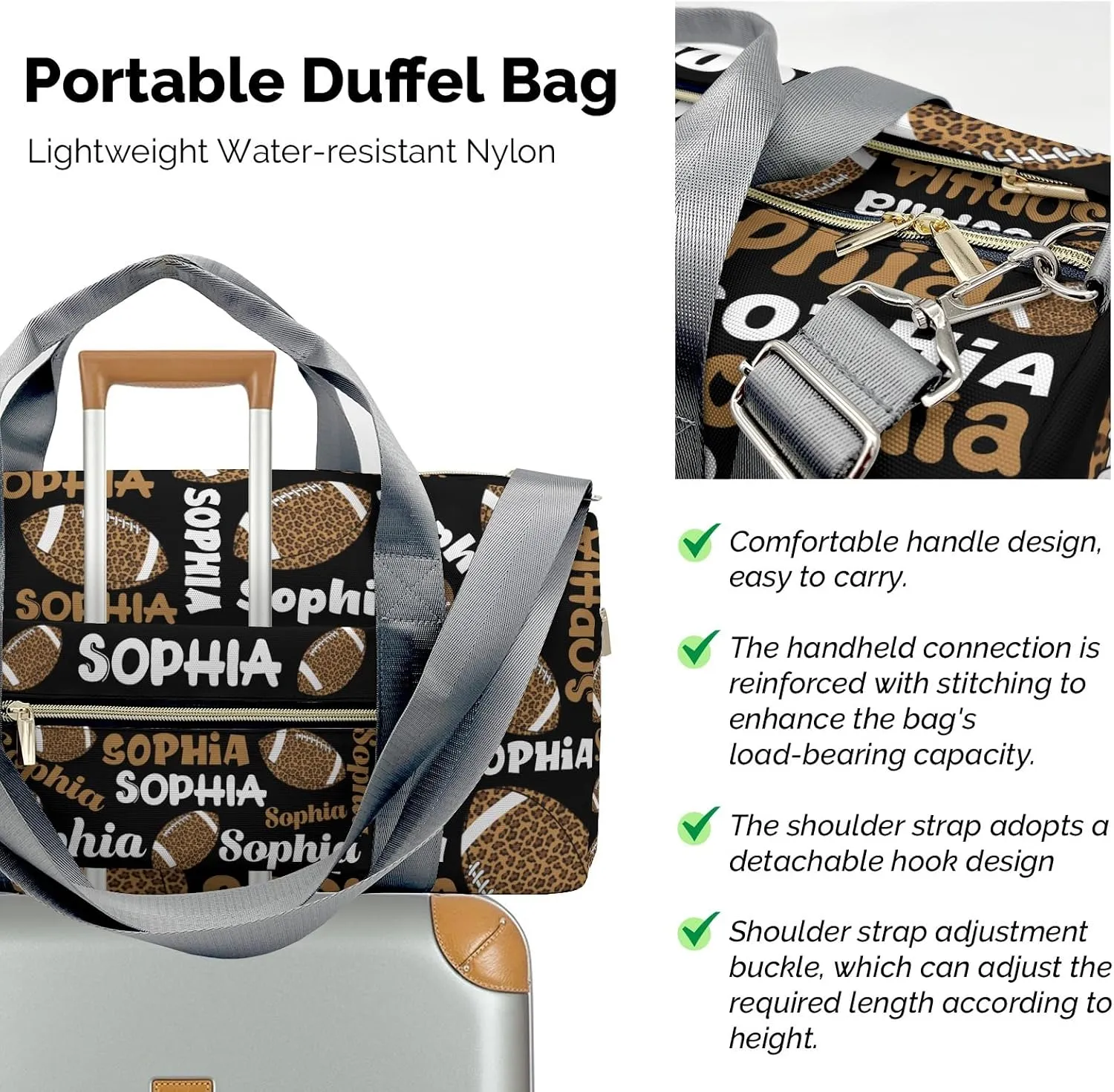 Custon Name Football Leopard Text Black Gym Sport Duffel Bag Sport Player Travel Bag,Sport Gym Bag Personalized Gift for Travel Hand Bag Carry on Bag