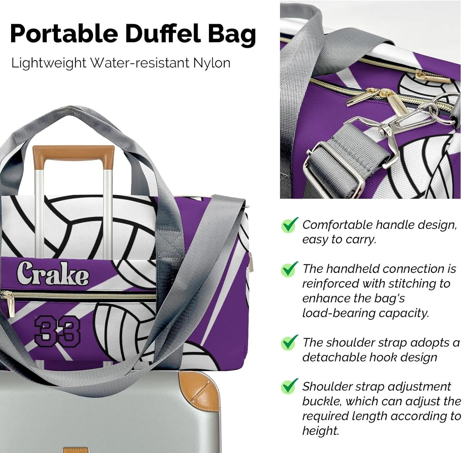 Custon Name Team Volleyball Purple Gym Sport Yoga Duffel Bag Sport Player Travel Bag,Sport Gym Bag Personalized Gift for Travel Hand Bag Carry on Bag