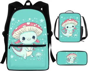 Cute Axolotl Kids School Backpack With Lunch Box Bag for Girls Elementary School Bookbag for Boys 5-7/8-12 Student School Bag Lunchbag Pencil Case 16 Inch Laptop Backpacks Blue