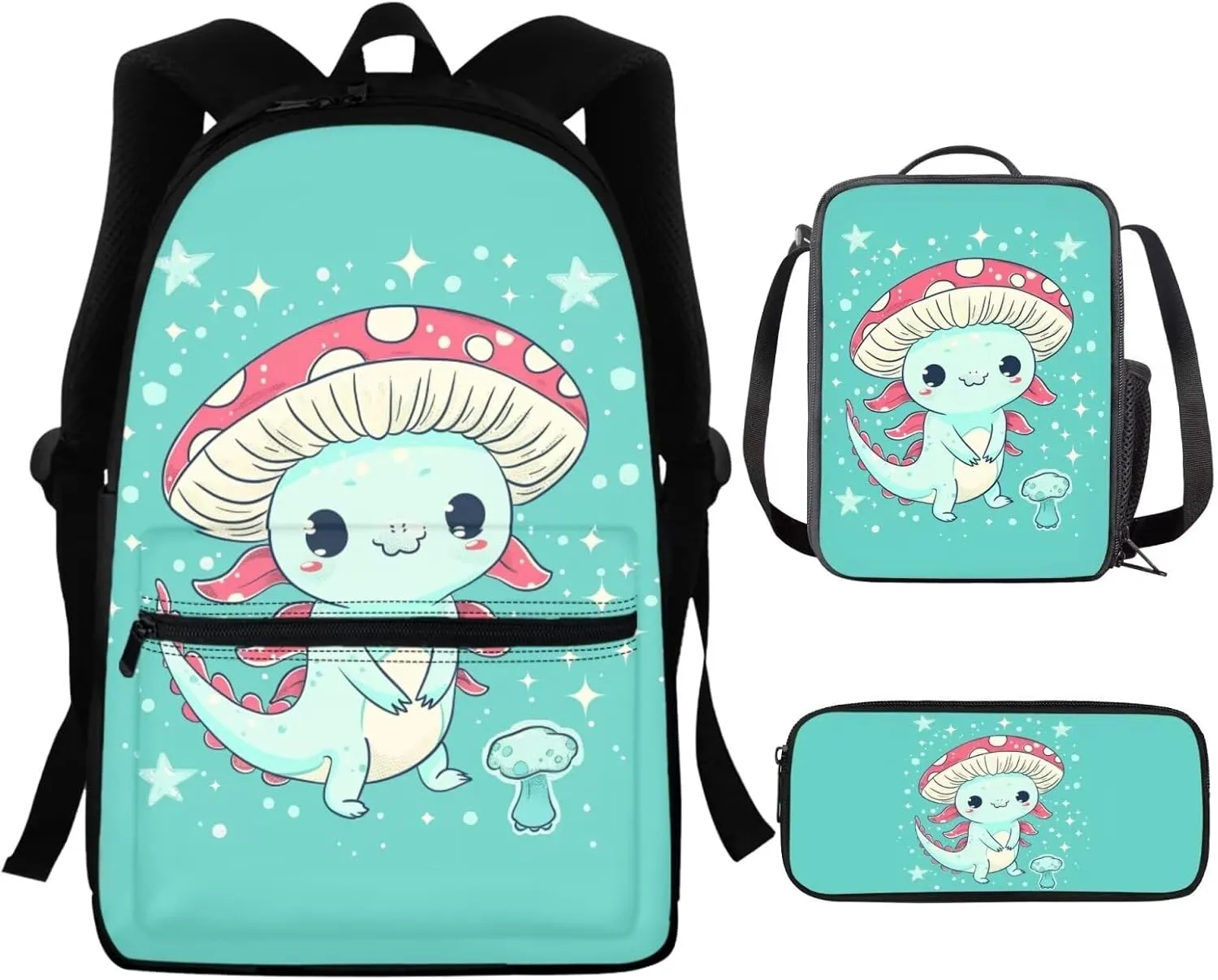Cute Axolotl Kids School Backpack With Lunch Box Bag for Girls Elementary School Bookbag for Boys 5-7/8-12 Student School Bag Lunchbag Pencil Case 16 Inch Laptop Backpacks Blue