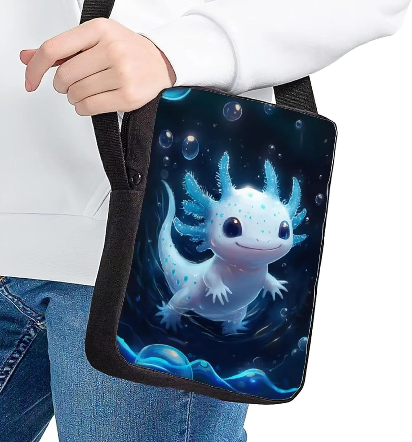 Cute Axolotl Messenger Bag Crossbody Bag for Kids Portbale Shoulder Pouch Lightweight Cell Phone Purse for Travel Work