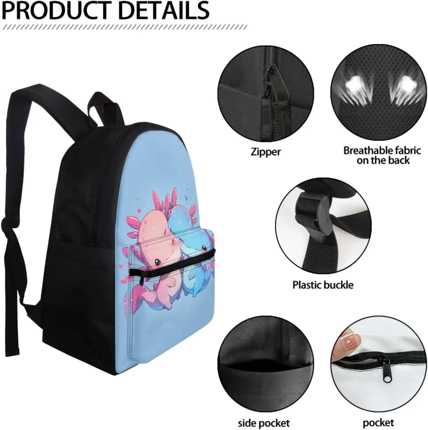 Cute Axolotl School Backpack With Lunch Bag for Boys Girls Elementary School Bookbag Kids School Bag With Lunch Box Pencil Case Set 3 In 1 Students Back Pack Ages 7-10/10-12 Blue