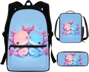 Cute Axolotl School Backpack With Lunch Bag for Boys Girls Elementary School Bookbag Kids School Bag With Lunch Box Pencil Case Set 3 In 1 Students Back Pack Ages 7-10/10-12 Blue