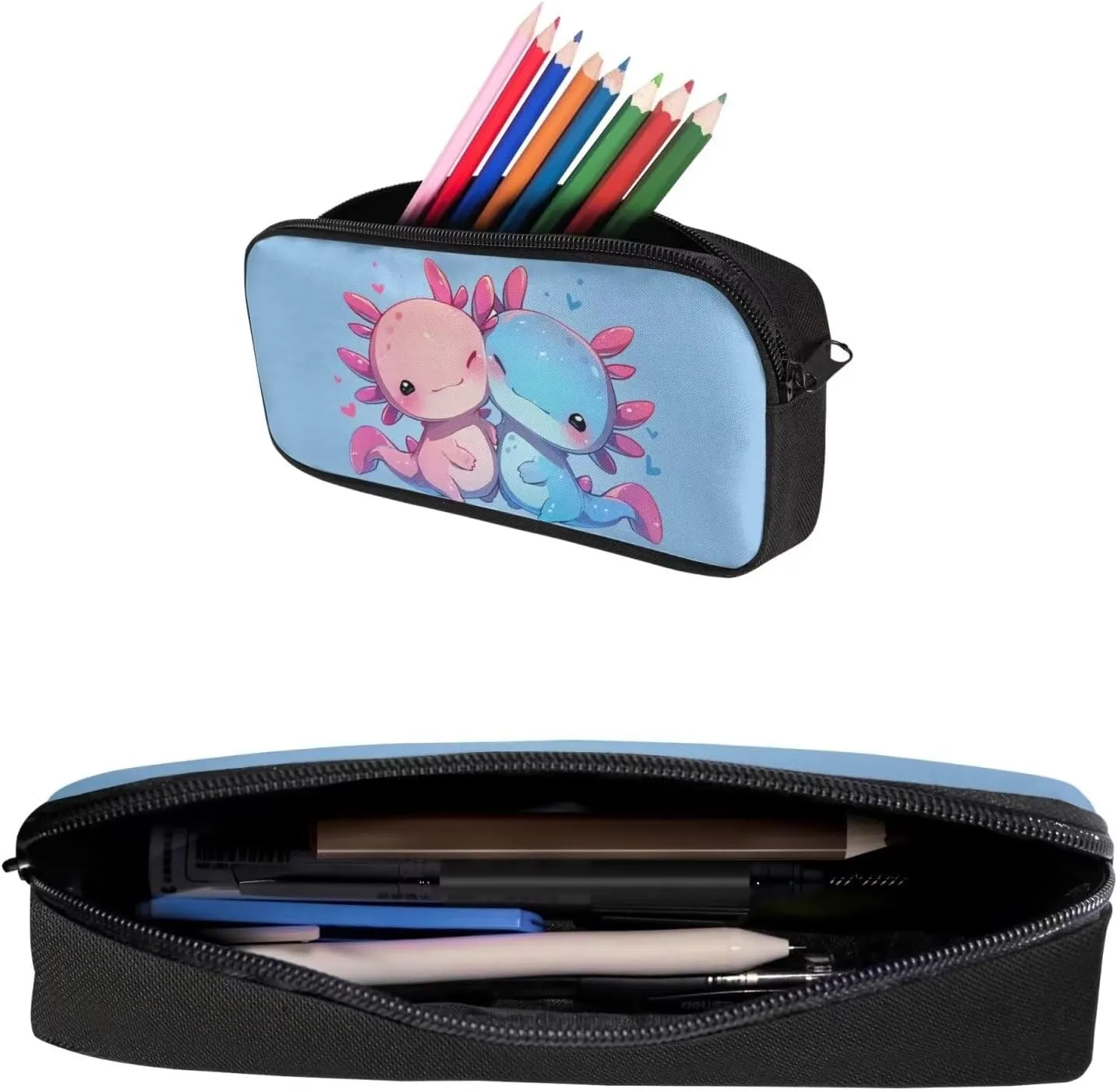 Cute Axolotl School Backpack With Lunch Bag for Boys Girls Elementary School Bookbag Kids School Bag With Lunch Box Pencil Case Set 3 In 1 Students Back Pack Ages 7-10/10-12 Blue
