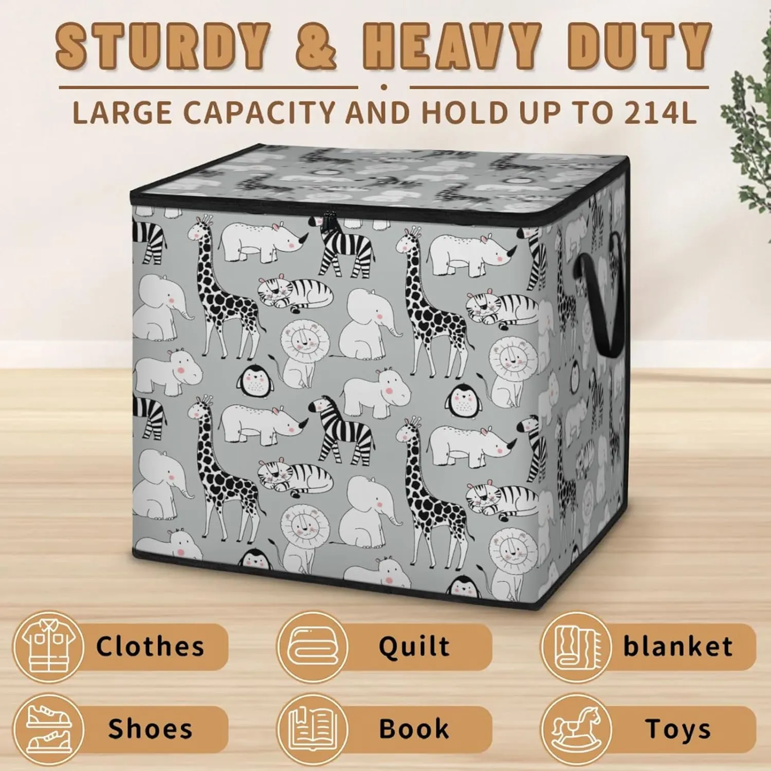 Cute Elephant Rhinoceros Zebra Penguin Extra Large Storage Bags 214L Foldable Clothes Storage Containers Closet Organizers Storage Bins with Handles for Clothing Blanket Bedding Comforter
