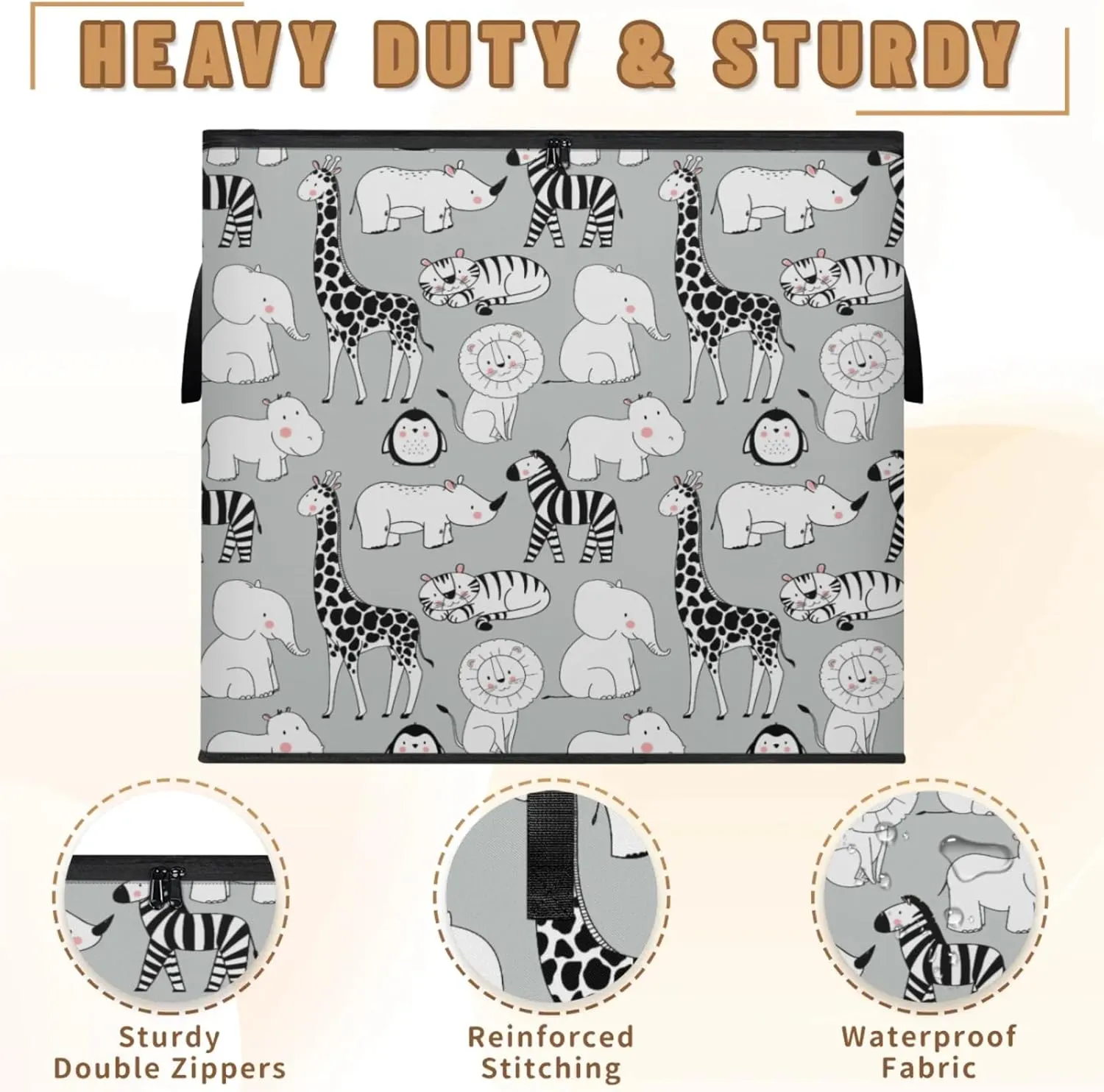 Cute Elephant Rhinoceros Zebra Penguin Extra Large Storage Bags 214L Foldable Clothes Storage Containers Closet Organizers Storage Bins with Handles for Clothing Blanket Bedding Comforter