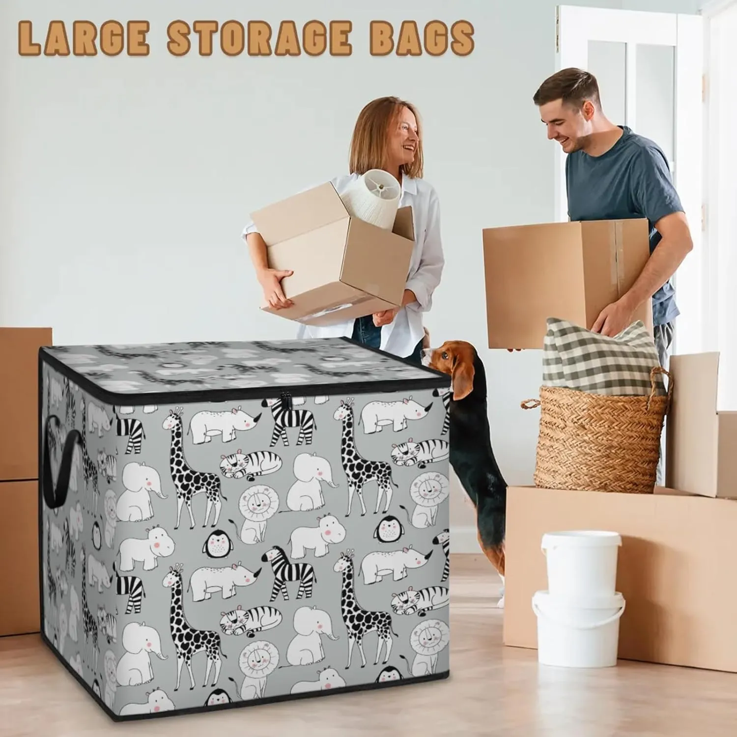 Cute Elephant Rhinoceros Zebra Penguin Extra Large Storage Bags 214L Foldable Clothes Storage Containers Closet Organizers Storage Bins with Handles for Clothing Blanket Bedding Comforter