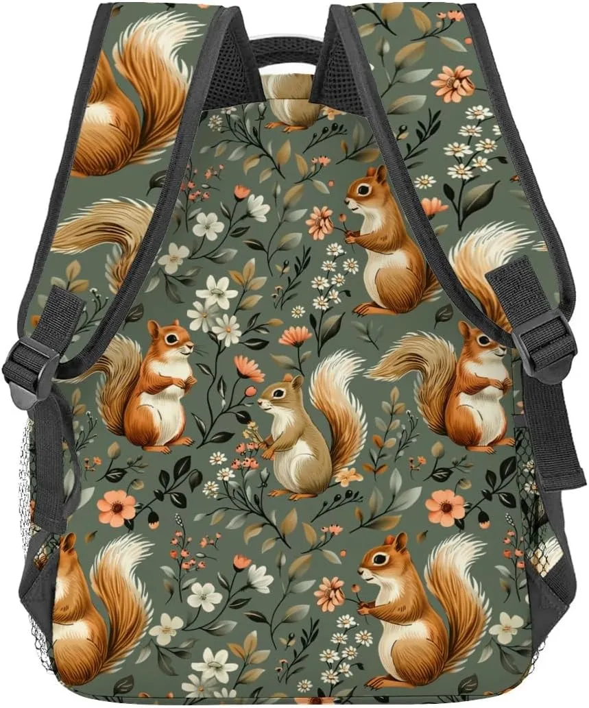Cute Squirrel Backpack,Woodland Animal Polyester Backpacks,Lightweight Double Shoulder Back Pack for Kids Teens,Nature Floral Bookbag,School Bag Gifts,Casual Travel Daypack Book Packs
