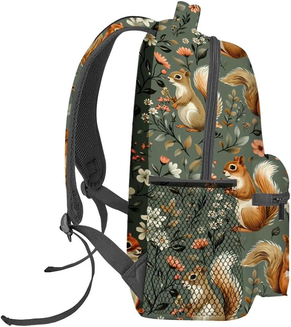 Cute Squirrel Backpack,Woodland Animal Polyester Backpacks,Lightweight Double Shoulder Back Pack for Kids Teens,Nature Floral Bookbag,School Bag Gifts,Casual Travel Daypack Book Packs