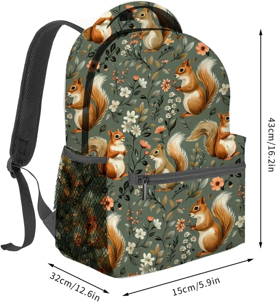Cute Squirrel Backpack,Woodland Animal Polyester Backpacks,Lightweight Double Shoulder Back Pack for Kids Teens,Nature Floral Bookbag,School Bag Gifts,Casual Travel Daypack Book Packs