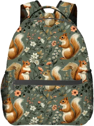 Cute Squirrel Backpack,Woodland Animal Polyester Backpacks,Lightweight Double Shoulder Back Pack for Kids Teens,Nature Floral Bookbag,School Bag Gifts,Casual Travel Daypack Book Packs