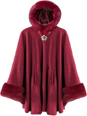 Dahlia Women's Winter Poncho Cape with Faux Fur Trim & Fleece Lined