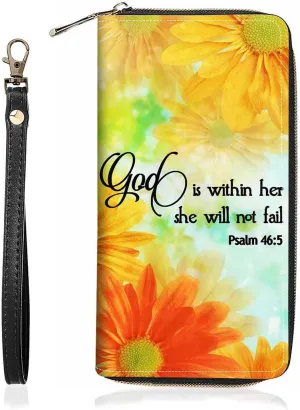 Daisy Floral Quote Bible Verses Psalm 46:5 Print Wallet for Women Large Capacity Wallet Credit Card Holder PU Leather Zipper Clutch Purse Phone Wallet