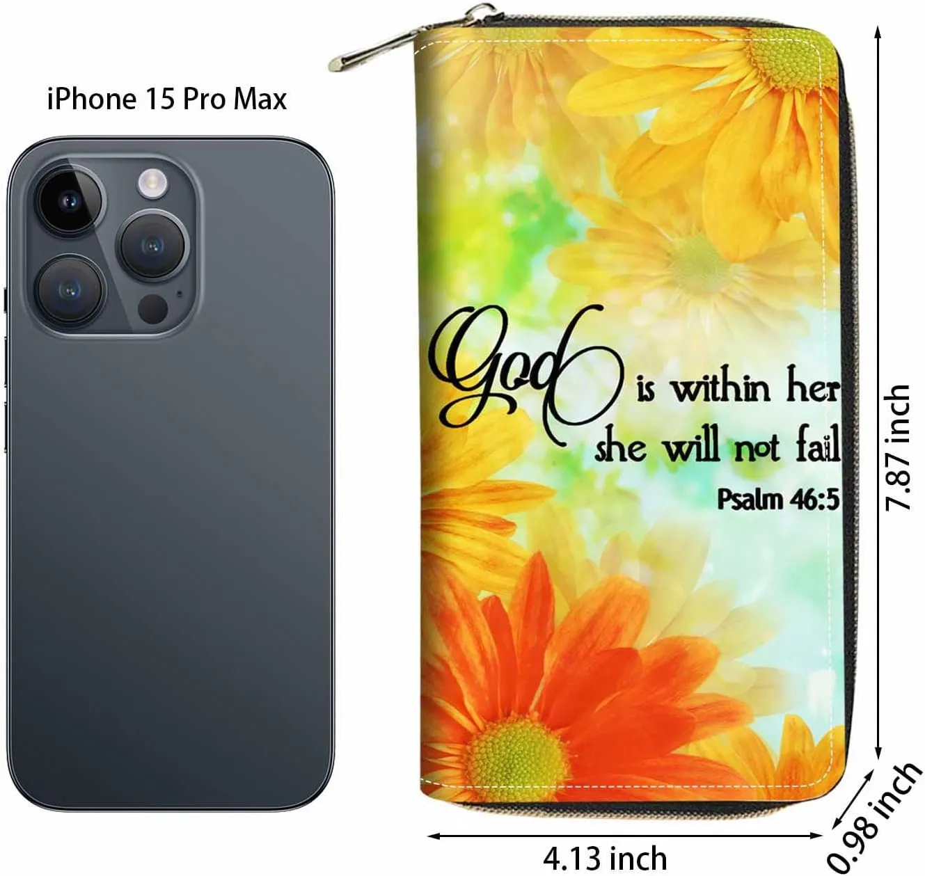Daisy Floral Quote Bible Verses Psalm 46:5 Print Wallet for Women Large Capacity Wallet Credit Card Holder PU Leather Zipper Clutch Purse Phone Wallet
