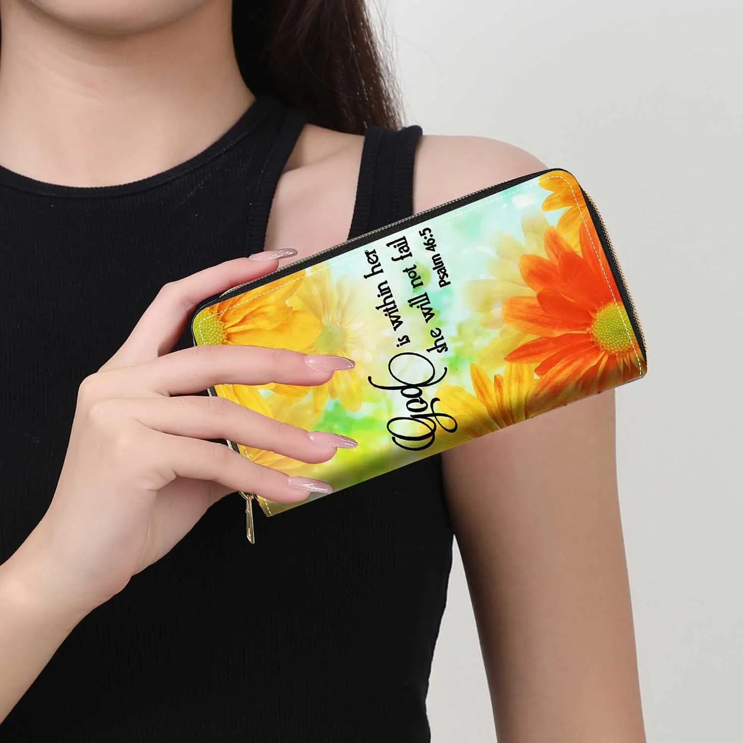 Daisy Floral Quote Bible Verses Psalm 46:5 Print Wallet for Women Large Capacity Wallet Credit Card Holder PU Leather Zipper Clutch Purse Phone Wallet