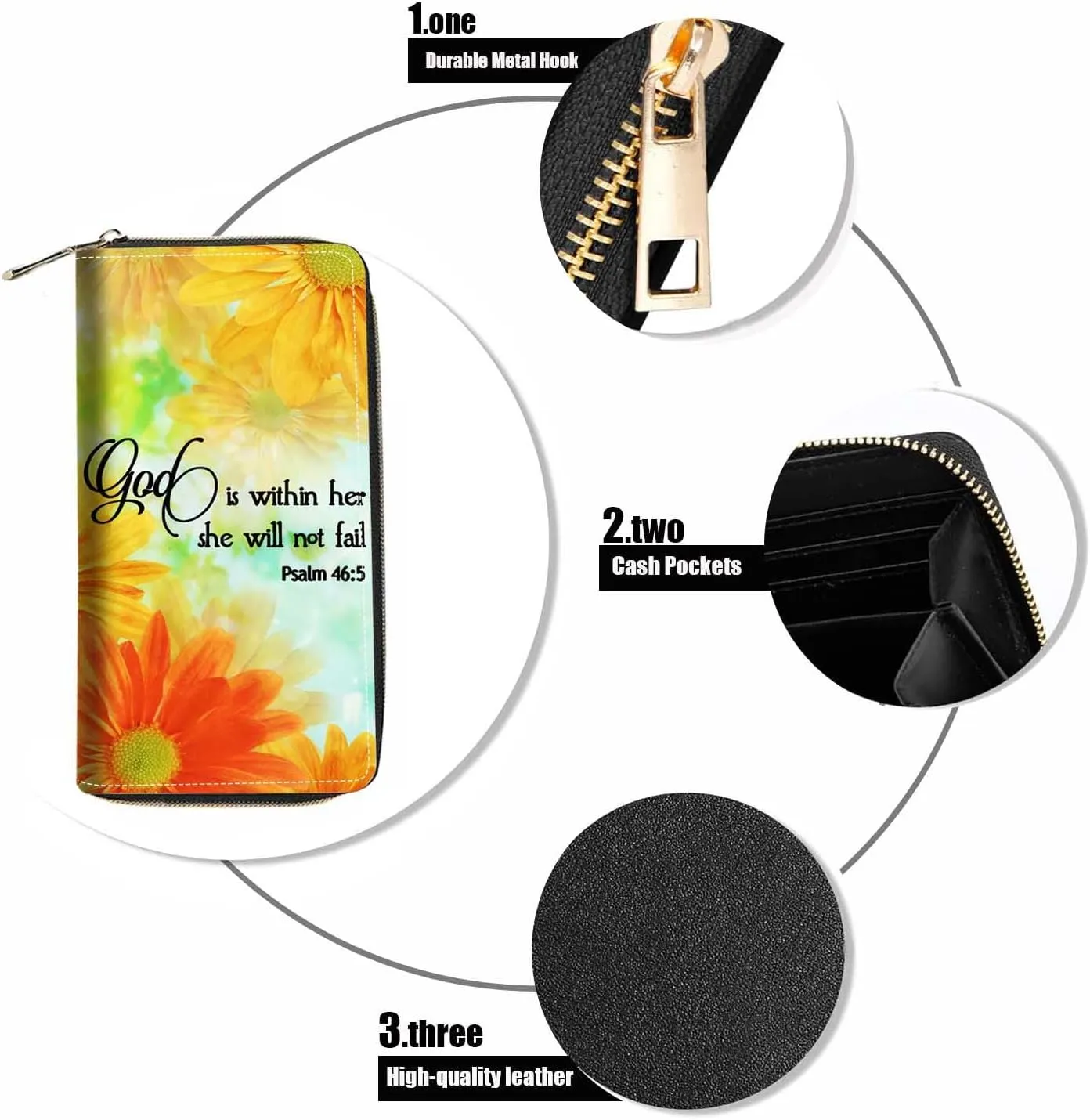 Daisy Floral Quote Bible Verses Psalm 46:5 Print Wallet for Women Large Capacity Wallet Credit Card Holder PU Leather Zipper Clutch Purse Phone Wallet