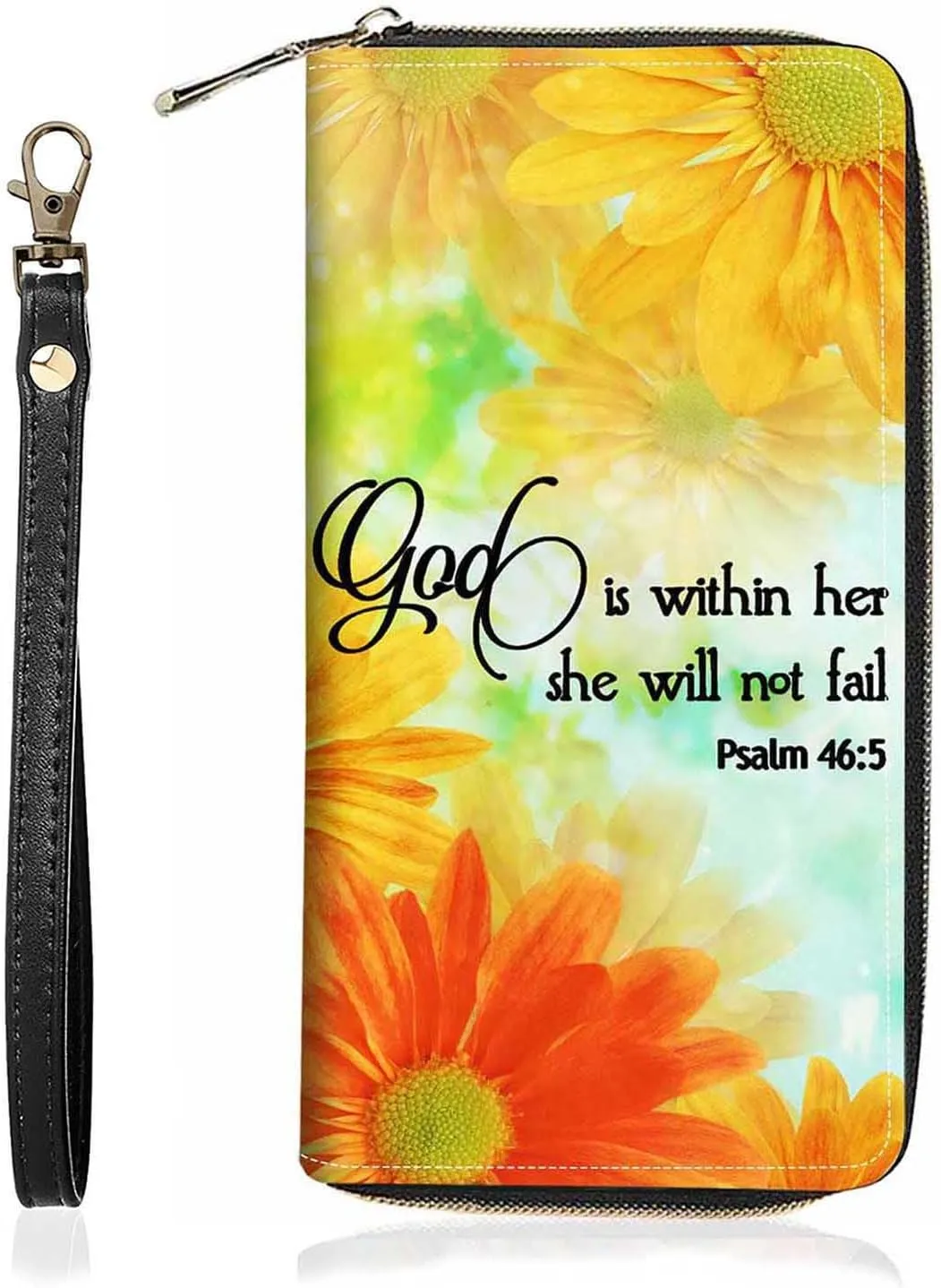 Daisy Floral Quote Bible Verses Psalm 46:5 Print Wallet for Women Large Capacity Wallet Credit Card Holder PU Leather Zipper Clutch Purse Phone Wallet