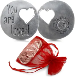 DANFORTH You are Loved Pocket Token, Round Pewter Tokens with Heart Shaped Cut Out, Gift of Love, Gift Tie-on, Handcast Pewter, Made in USA, 1” Diameter (Pack of 10)