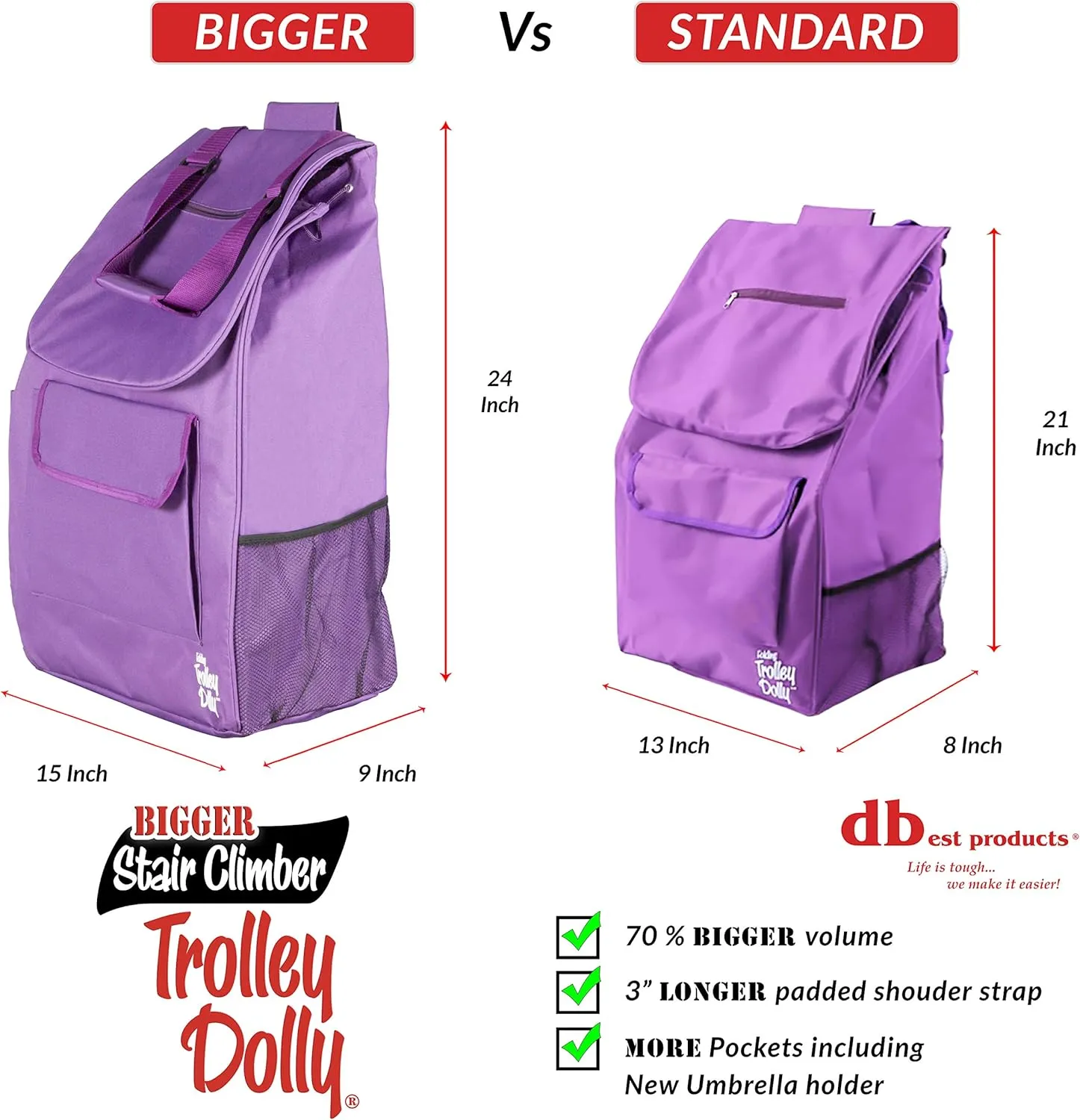 dbest products 01-757 Stair Climber Bigger Trolley Dolly, Purple Grocery Shopping Foldable Cart Condo Apartment