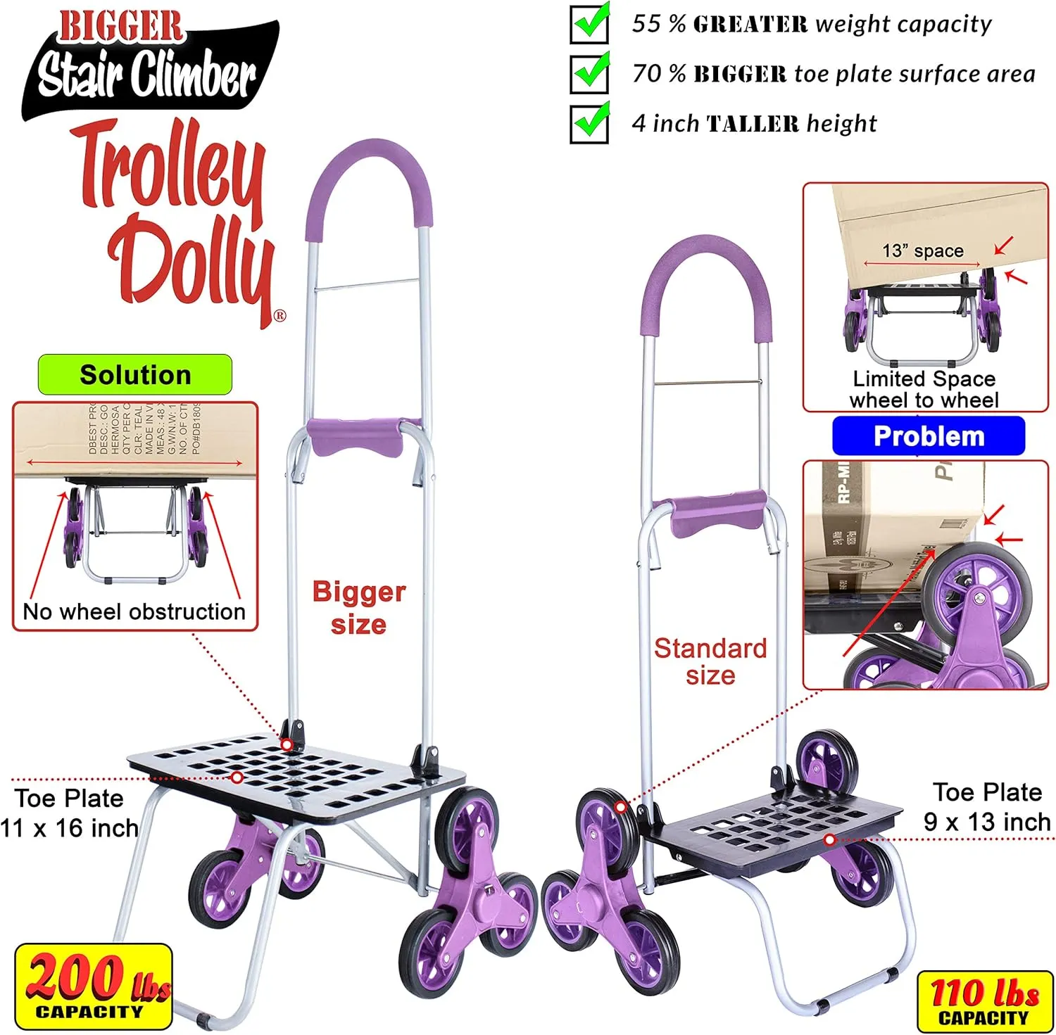 dbest products 01-757 Stair Climber Bigger Trolley Dolly, Purple Grocery Shopping Foldable Cart Condo Apartment
