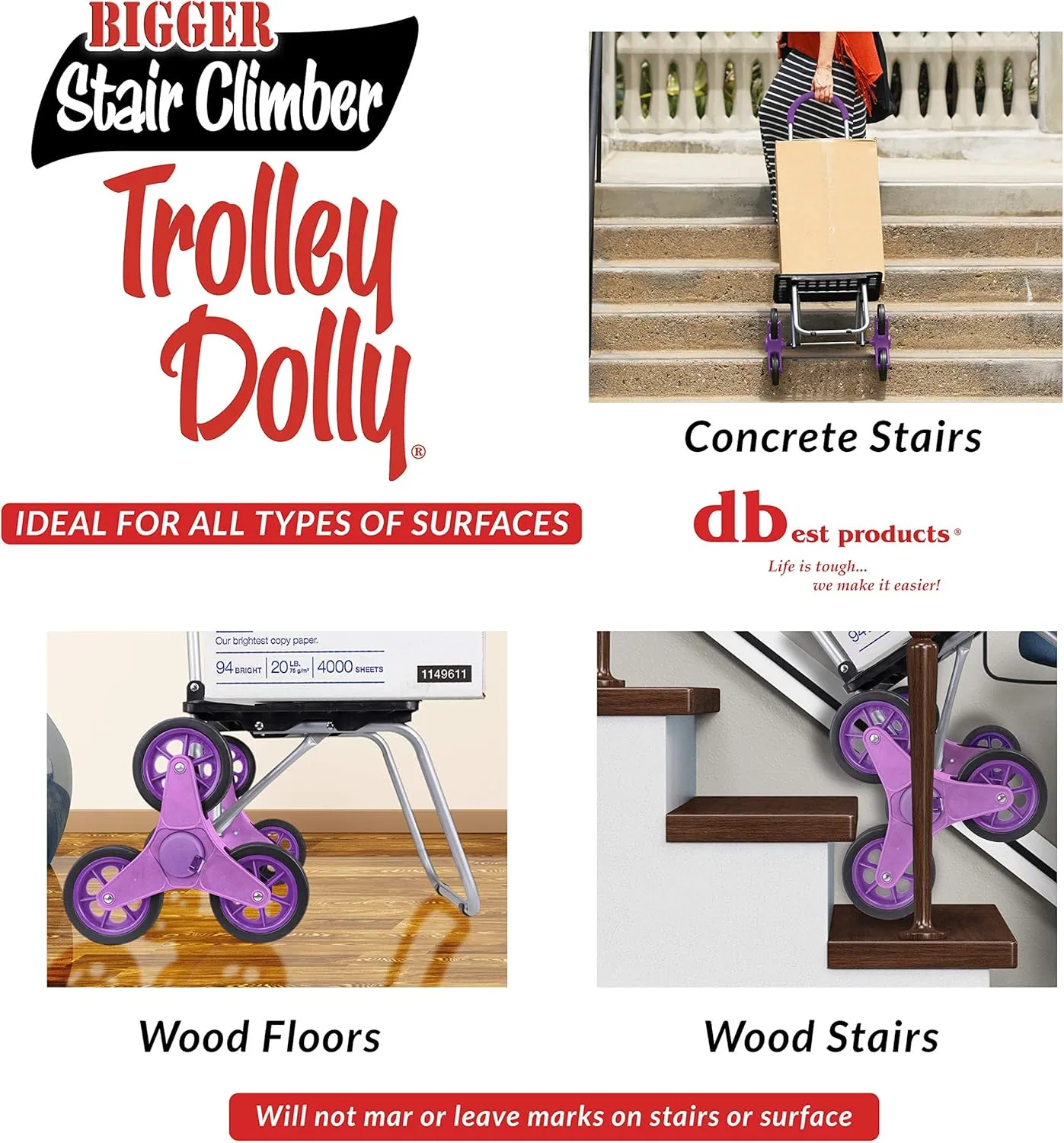 dbest products 01-757 Stair Climber Bigger Trolley Dolly, Purple Grocery Shopping Foldable Cart Condo Apartment