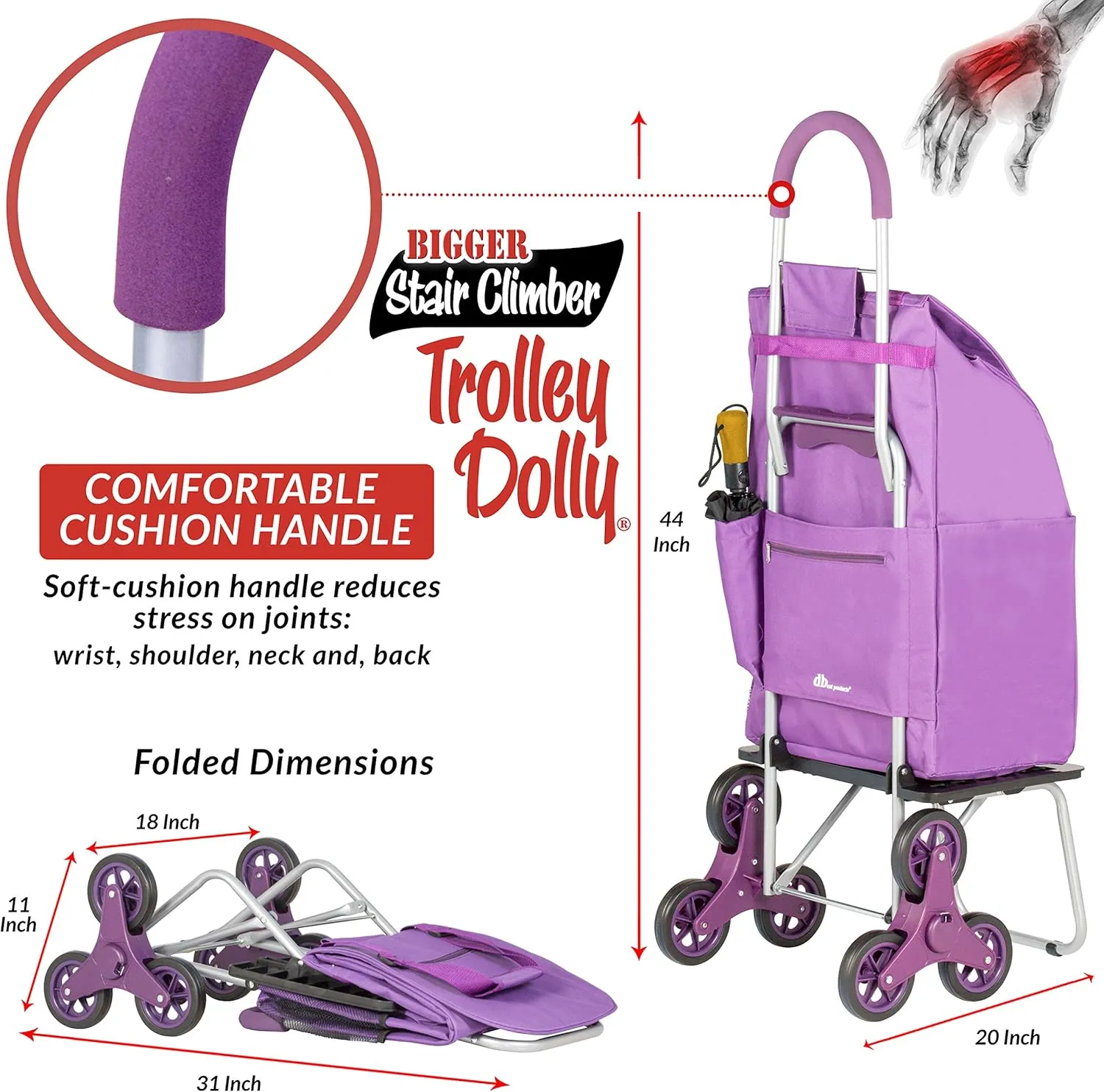 dbest products 01-757 Stair Climber Bigger Trolley Dolly, Purple Grocery Shopping Foldable Cart Condo Apartment