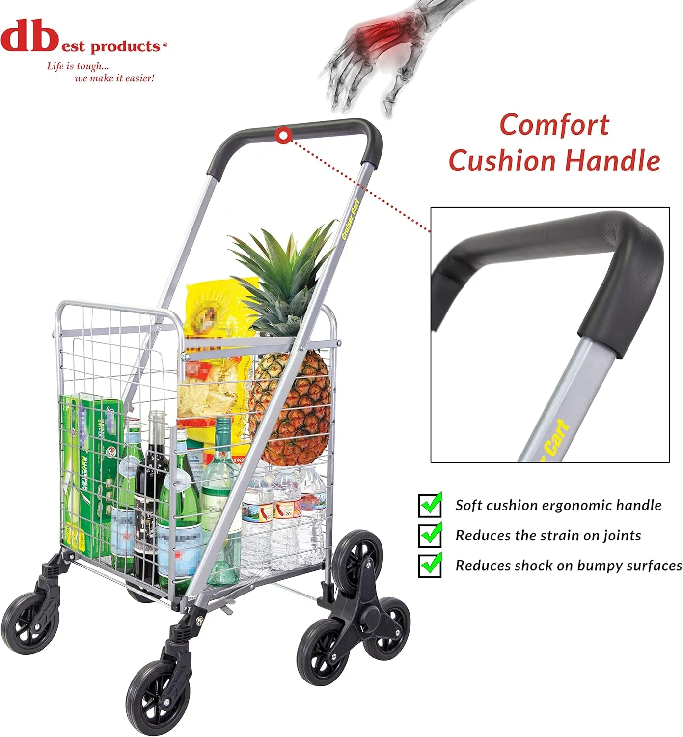 dbest products Stair Climber Bigger Trolley Dolly, Black Grocery Shopping Foldable Cart Condo Apartment 44 Inch & Stair Climber Cruiser Cart Shopping Grocery Rolling Folding Laundry Basket