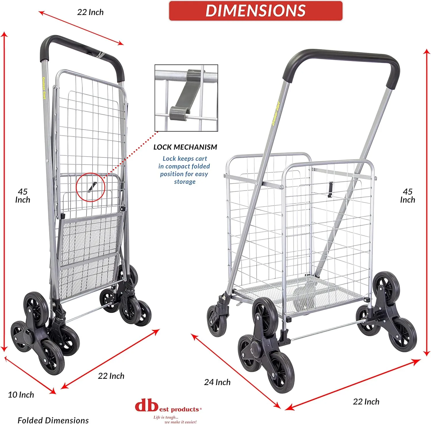dbest products Stair Climber Bigger Trolley Dolly, Black Grocery Shopping Foldable Cart Condo Apartment 44 Inch & Stair Climber Cruiser Cart Shopping Grocery Rolling Folding Laundry Basket